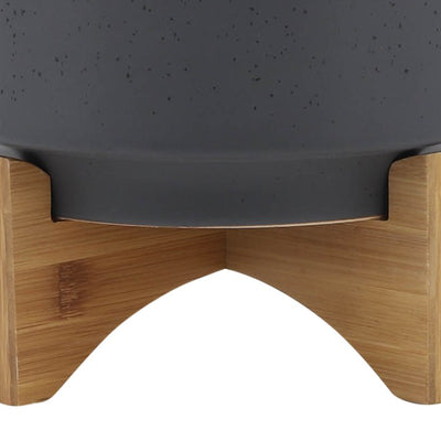 10" Speckled Ceramic Planter with Wood Stand - Matte Gray