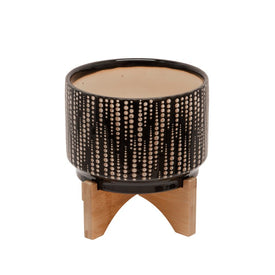 7" Dotted Ceramic Planter with Wooden Stand - Black/White