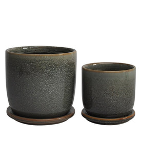 5"/6" Speckled Ceramic Planters with Saucers Set of 2 - Moss Green