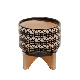 7" Abstract Ceramic Planter with Wooden Stand - Black/White