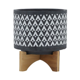 8" Aztec Ceramic Planter on Wooden Stand - Gray