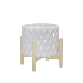 8" Diamond Grid Ceramic Planter with Wood Stand - White