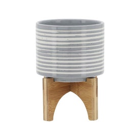 7" Brushed Stripes Ceramic Planter on Wood Stand - Gray