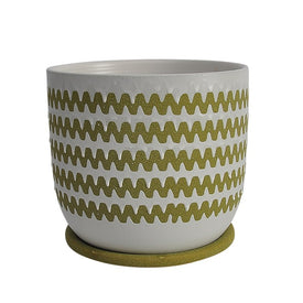 7" Zig-Zag Ceramic Planter with Saucer - Olive