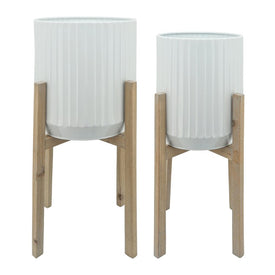 Ridged Ceramic Planters in Wood Stands Set of 2 - White
