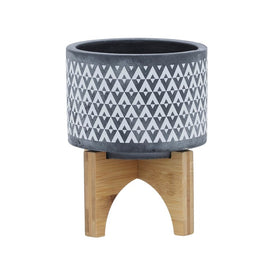5" Aztec Ceramic Planter on Wooden Stand - Gray