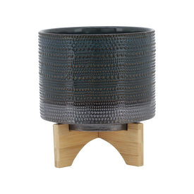 9" Dotted Ceramic Planter with Wood Stand - Green