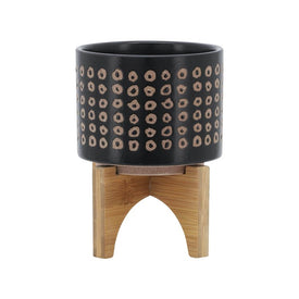 7" Tribal Spots Ceramic Planter on Wood Stand - Brown
