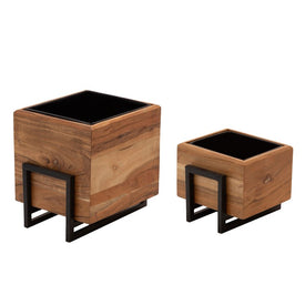 7"/10" Square Wood Planters with Metal Bases Set of 2 - Brown/Black