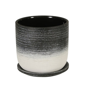 6" Two-Tone Brushed Ceramic Planter with Saucer - Black