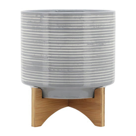 11.5" Brushed Stripes Ceramic Planter on Wood Stand - Gray