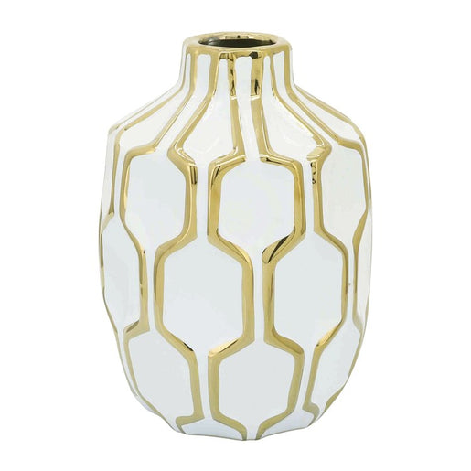8" Geometric Lattice Ceramic Vase - White/Gold