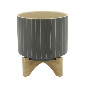 9" Vertical Stripes Planter with Stand - Gray