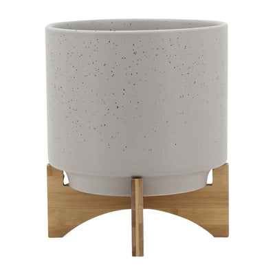 10" Speckled Ceramic Planter with Wood Stand - Matte Beige