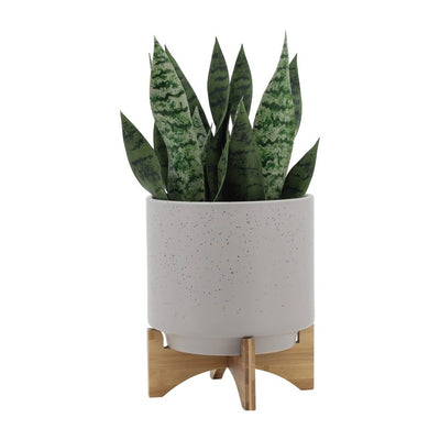 10" Speckled Ceramic Planter with Wood Stand - Matte Beige