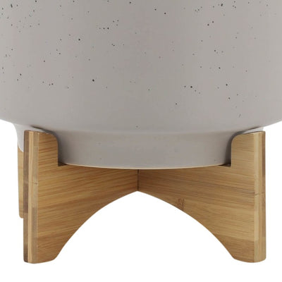 10" Speckled Ceramic Planter with Wood Stand - Matte Beige