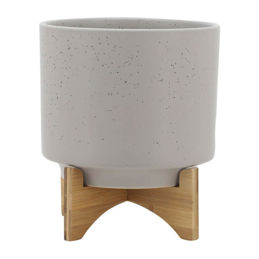 10" Speckled Ceramic Planter with Wood Stand - Matte Beige