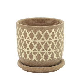5" Cross Ceramic Planter with Saucer - Tan