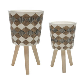 10"/12" Harlequin Diamond Ceramic Planters with Wood Legs Set of 2 - Brown (Knockdown Design)