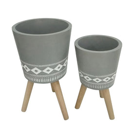 10"/12" Tribal Diamond Ceramic Planters with Wood Legs Set of 2 - Gray (Knockdown Design)