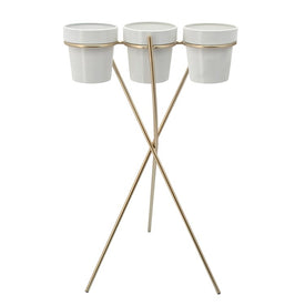 Three-Cup Metal Planter on Gold Stand - White
