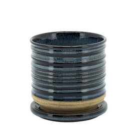 5" Textured Rings Ceramic Planter with Saucer - Blue
