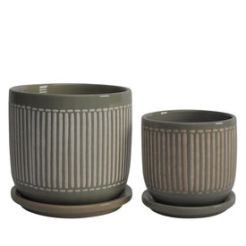 5"/6" Tribal Dots Ceramic Planters with Saucers Set of 2 - Gray