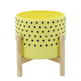 8" Polka Dots Ceramic Planter with Wood Stand - Yellow