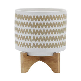 9" Zig-Zag Ceramic Planter with Stand - White
