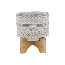 5" Tribal Planter with Wood Stand - Beige