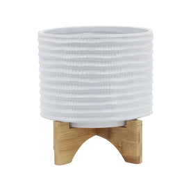 8" Textured Ceramic Planter with Wood Stand - White