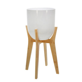 8" Ceramic Planter with Wooden Stand - White