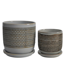 5"/6" Diamond Ceramic Planters with Saucers Set of 2 - Brown