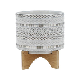 7" Tribal Planter with Wood Stand - Beige