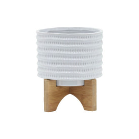 5" Textured Ceramic Planter with Wood Stand - White