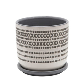 6" Aztec Ceramic Planter with Saucer - Gray