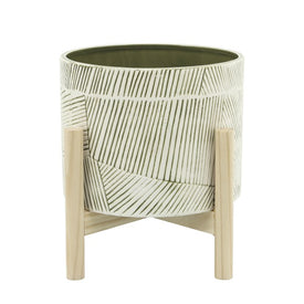 8" Abstract Lines Ceramic Planter with Wood Stand - Green Mix