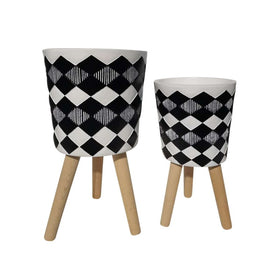 10"/12" Harlequin Diamond Ceramic Planters with Wood Legs Set of 2 - Black (Knockdown Design)