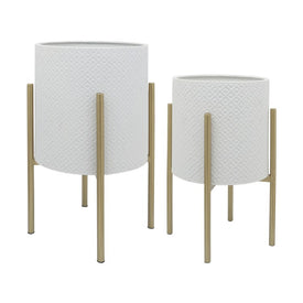 Diamond Planters on Metal Stands Set of 2 - White/Gold