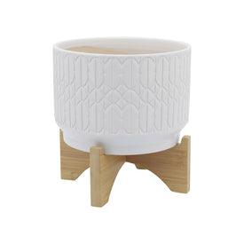 7" Ceramic Abstract Ovals and Diamonds Planter on Wood Stand - White