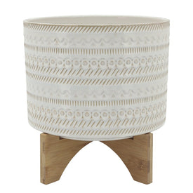 8" Tribal Planter with Wood Stand - Beige