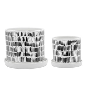 6"/8" Tribal Ceramic Planters with Saucers Set of 2 - White/Black