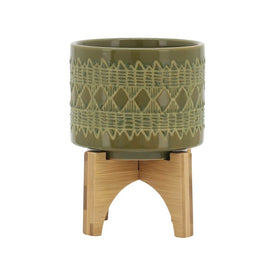 5" Aztec Ceramic Planter on Wooden Stand - Olive