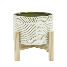6" Abstract Lines Ceramic Planter with Wood Stand - Green Mix