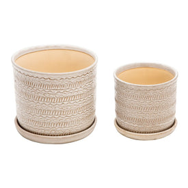 Tribal Ceramic Planters with Saucers Set of 2 - Beige