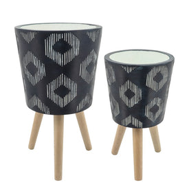 10"/12" Large Diamond Ceramic Planters with Wood Legs Set of 2 - Black (Knockdown Design)