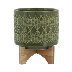 8" Aztec Ceramic Planter on Wooden Stand - Olive