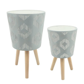 10"/12" Large Diamond Ceramic Planters with Wood Legs Set of 2 - Gray (Knockdown Design)