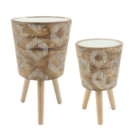 10"/12" Large Diamond Ceramic Planters with Wood Legs Set of 2 - Brown (Knockdown Design)