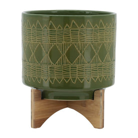 10" Aztec Ceramic Planter on Wooden Stand - Olive